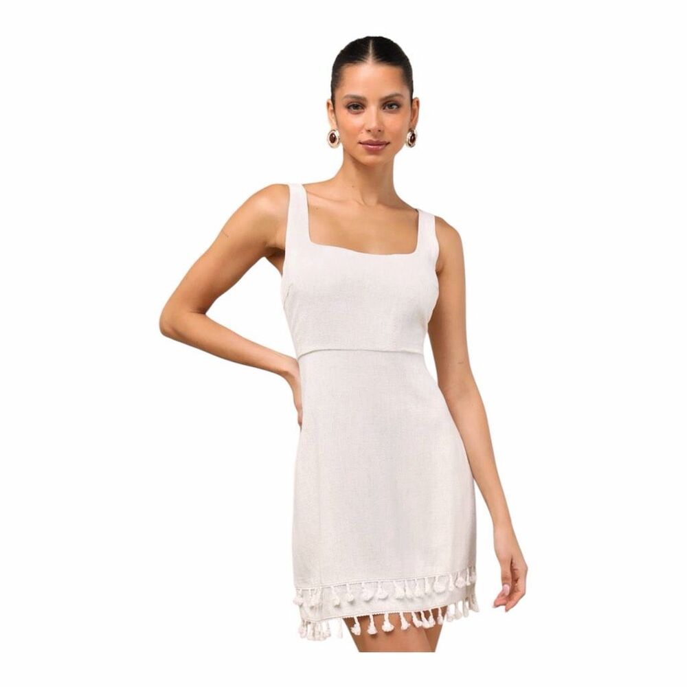 Lulus Feel the Sunshine Light Beige Linen Tassel Mini Dress size L NWT